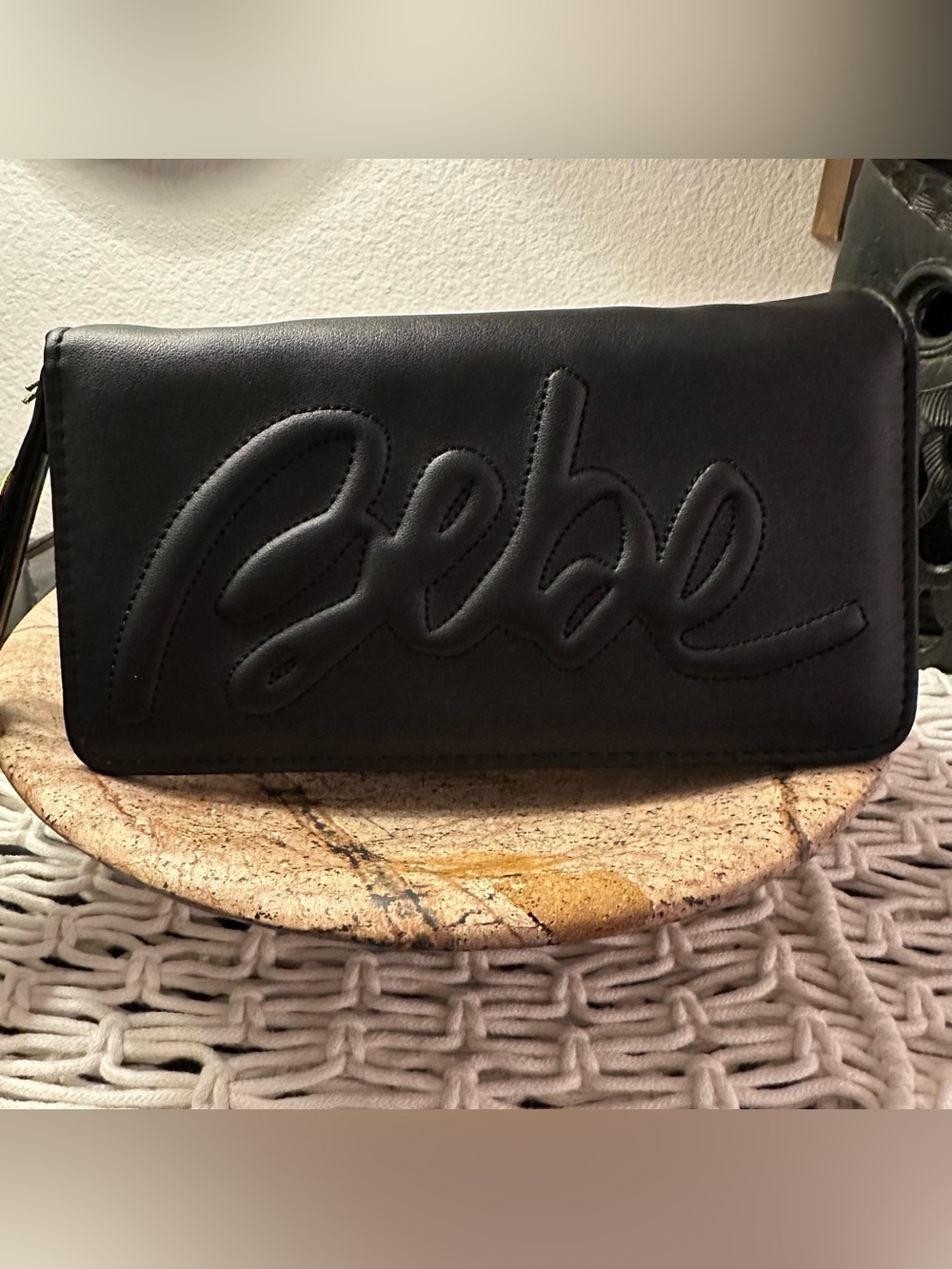Bebe Black Faux Leather Trifold Snap Wallet Wristlet